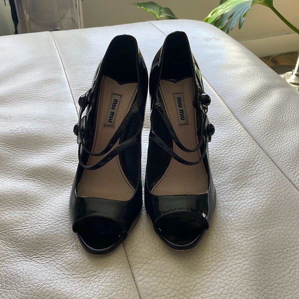 Miu Miu Black Patent Mary Jane Heels size 39.5